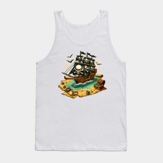 Pirate Ship, Sailing On A Treasure Map Tank Top by Vehicles-Art